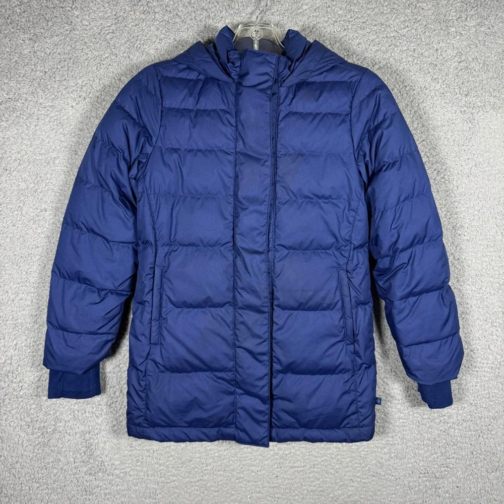 Athleta Girl Blue Snow Day Down Jacket Hooded Puffer Winter Coat Kid Medium 8-10